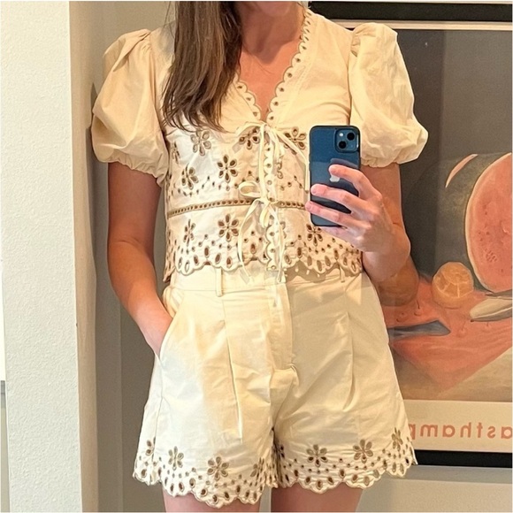 Moon River Other - Moon River Eyelet Detail Set: Puff Sleeve Front Tie Top and Shorts in Ivory